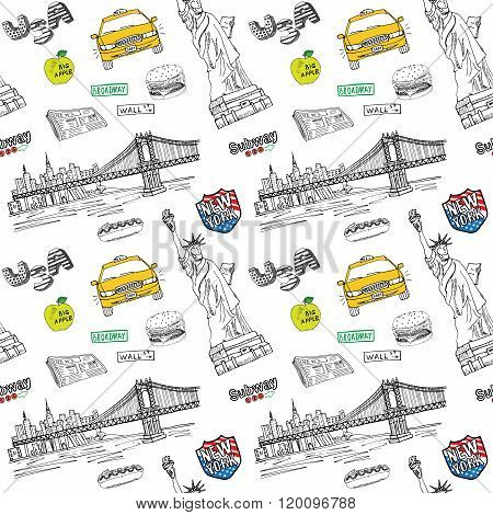 New York City Seamless Pattern With Hand Drawn Sketch Taxi, Hotdog, Burger, Statue Of Liberty, Newsp