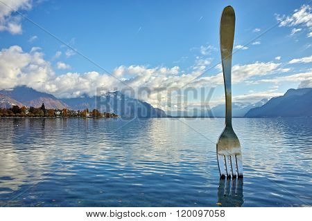 Panorama of Lake Geneva from town of Vevey, canton of Vaud, Switzerland