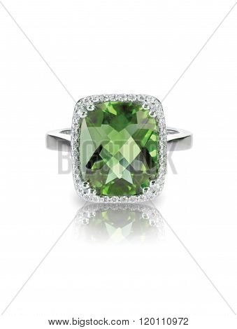 Emerald diamond helo engagment cocktail ring isolated on white