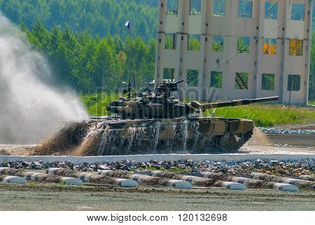 Tank T-80 moves after water ford