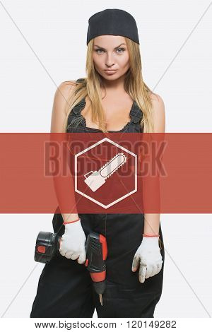 sexy female holding a cordless screwdriver. Repair icon in the background woman.