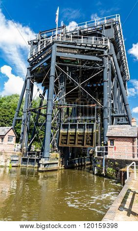 The Anderton Boat Lift which raises narrowboats between River Weaver the Trent and Mersey Canal. England United Kingdom.