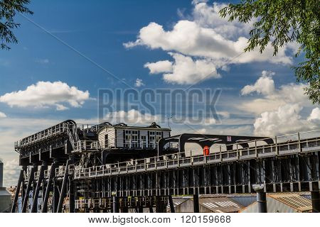Upper trough of the Anderton Boat Lift which raises narrowboats between River Weaver the Trent and Mersey Canal. England United Kingdom.