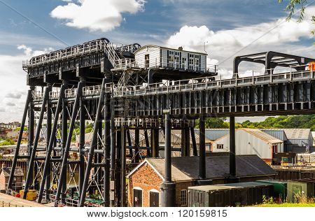 Upper trough of the Anderton Boat Lift which raises narrowboats between River Weaver the Trent and Mersey Canal. England United Kingdom.
