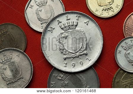 Coins of Malta. Coat of arms of Malta depicted in the Maltese lira coins. 