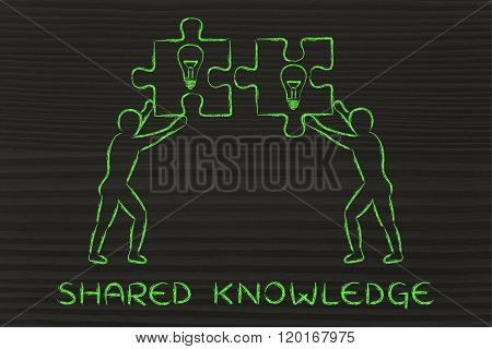 People With Matching Pieces Of Puzzle With Lightbulbs, Shared Knowledge