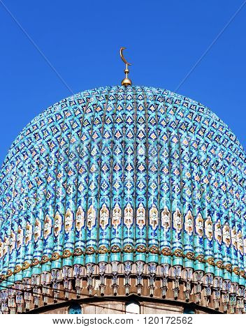 Dome Of The St. Petersburg Cathedral Mosque Against Blue Sky