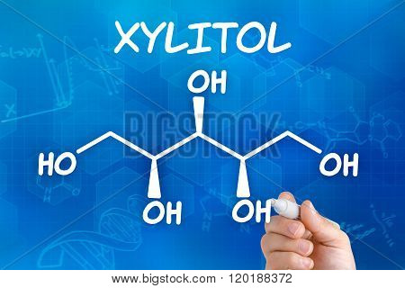 Hand With Pen Drawing The Chemical Formula Of Xylitol