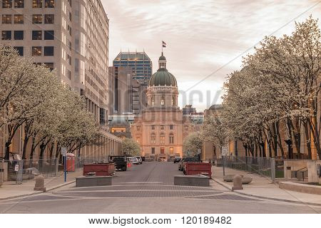 The Indiana Statehouse at twilight in USA