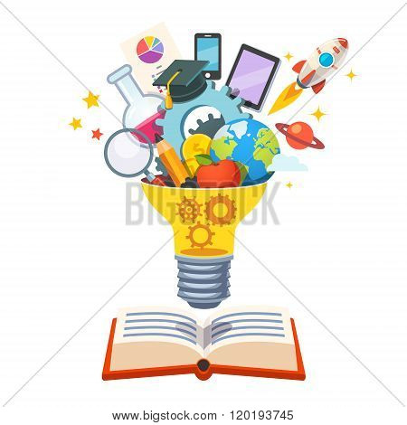 Light bulb with gears inside floating over book