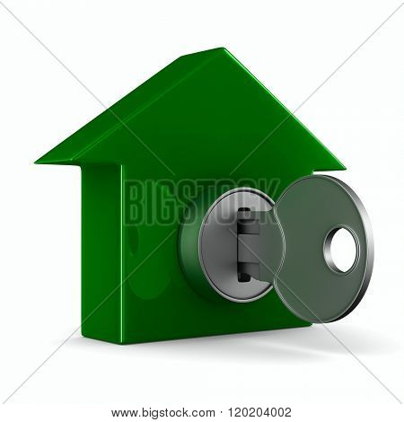 key and house on white background. 3D image