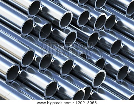 Shiny steel tubes stack in various sizes with reflection