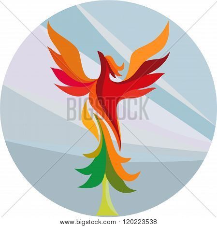 Phoenix Rising Burning Tree Circle Retro