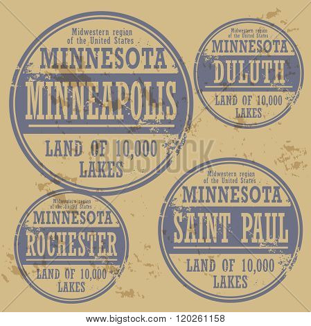 Grunge Rubber Stamp Set With Names Of Minnesota Cities