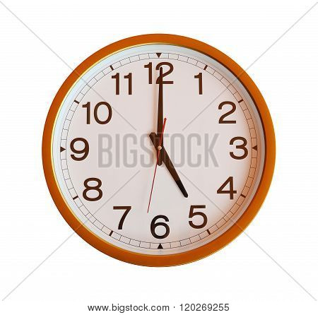 Orange Wall Clock Isolated In Five O'clock On White Background.
