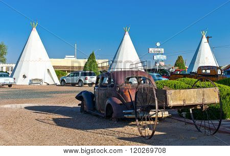 Holbrook, U.S.A. - May 24, 2011: Arizona, car scraps in the famous Wingwam Hotel on the Route 66.