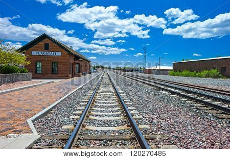Flagstaff, U.S.A. - May 24, 2011: Arizona, perspective view of the railway station near the Route 66:
