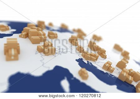 Cardboard Boxes On The Europe Map
