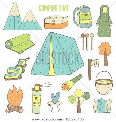 Cute hand drawn doodle camping objects collection