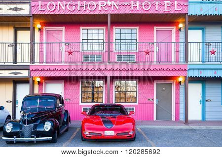 Amarillo, U.S.A. - May 21, 2011: Texas, full color hotels and cars on the Route 66.