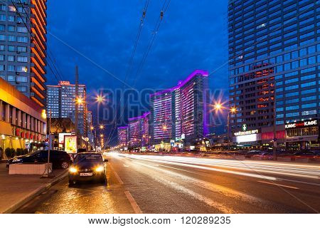 New Arbat Street after sunset. Moscow. Russia
