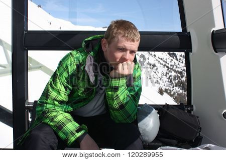 Man Inside The Cabin. Cable Car In Zell Am See, Skiing Resort In North Tirol, Austria.