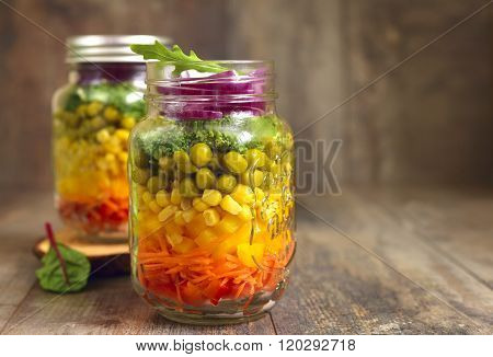 Fresh Vegtable Salad In A Mason Jar.
