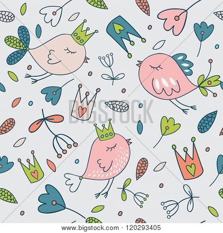Seamless vector floral pattern. Spring illustration of cute bird