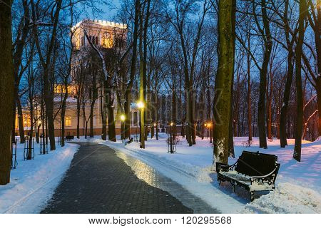 Rumyantsev-Paskevich Palace in snowy city park in Gomel, Belarus