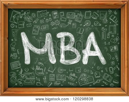 MBA Concept. Green Chalkboard with Doodle Icons.