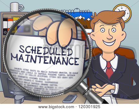 Scheduled Maintenance through Magnifying Glass. Doodle Design.