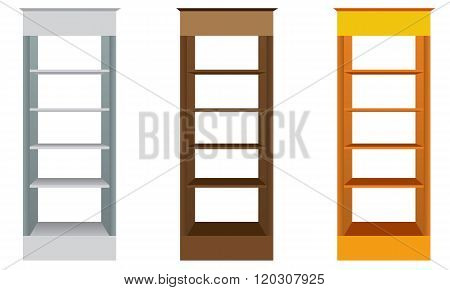 White Blank Empty Showcase Displays With Retail Shelves.