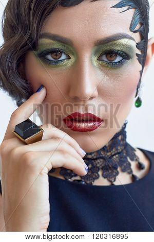 Retro Fashion Portrait Of Elegant Woman, 1920S Styled, Feather Hairstyle