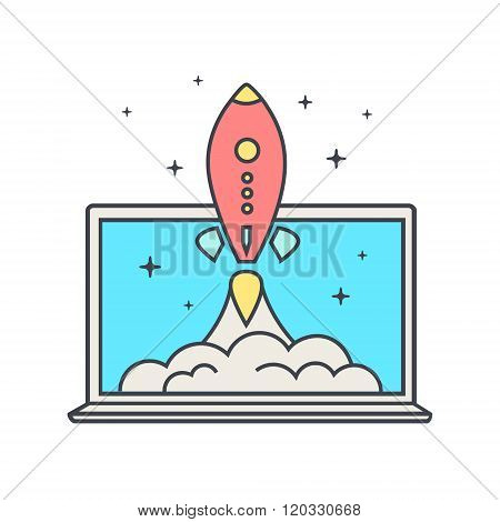 Startup Business Concept. Flat Design Illustration. Rocket Takes Off Laptop.