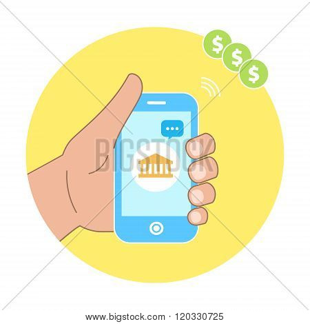 Mobile Payment Of Bank, Hand Holding Phone. Message From Bank.