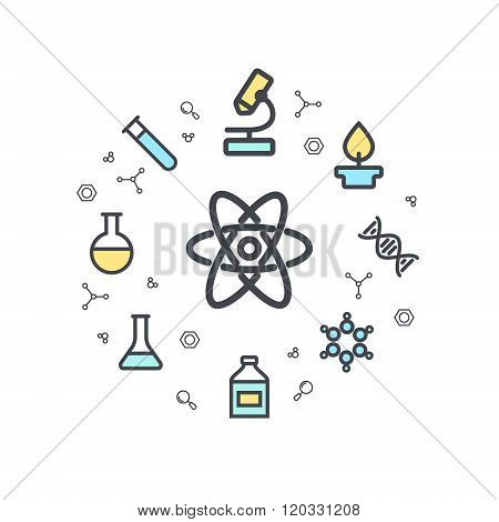 Science line flat icons. Chemical equipment labs flat icons. Circle background. Minimal icons.