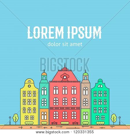 Line little town. Linear cityscape with old townhouses, small town street with building facades line