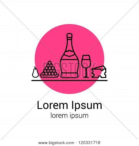 Party dinner of chianti bottle, glass, cheese, pear, grapes for your logo or tasting illustration an