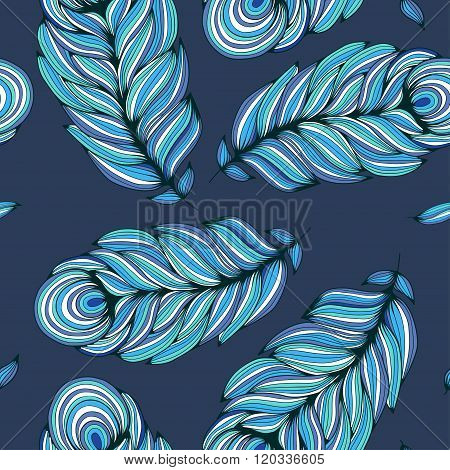 Seamless pattern with stylized turquoise feather on deep blue background. Freehand drawing. Vector illustration