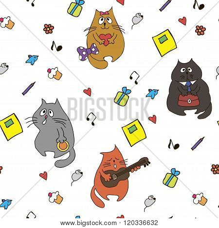 Vector funny cats and hearts seamless hand drawn pattern