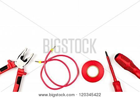 Red Tools Collection - Electrical Cable, Pliers, Insulating Tape, Screwdriver
