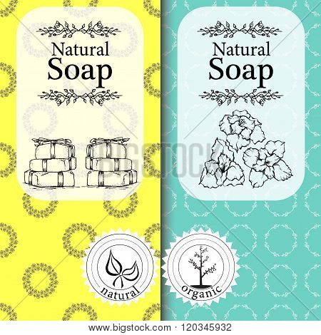 Vector set of seamless patterns, labels and logo design templates for handmade natural soap packagin