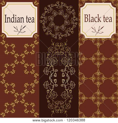 Vector set of design elements and icons in trendy linear style for tea package - green and black tea