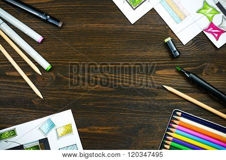 Top view of workplace of a designer with copyspace.