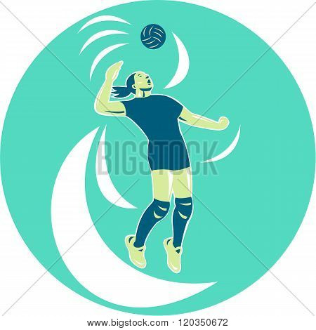 Volleyball Player Spiking High Circle Retro