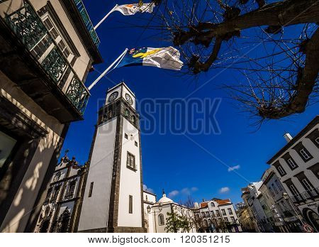 Clock tower of Church of San Sebastian at Ponta Delgada in Ponta Delgada, Sao Miguel Island, Azores, Portugal