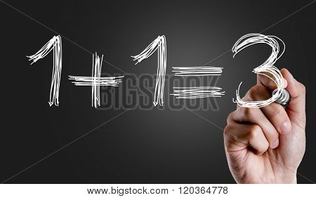 Hand writing the text: 1+1=3