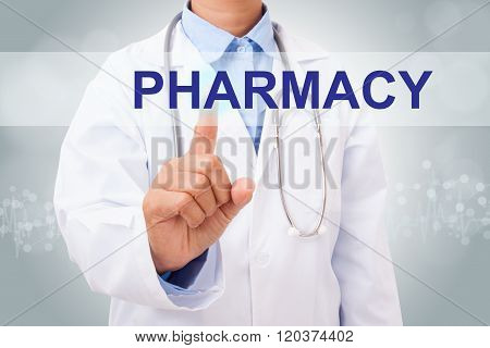 Doctor hand touching PHAMACY sign on virtual screen. medical concept