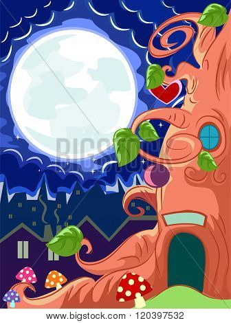 Whimsical Tree House at Night