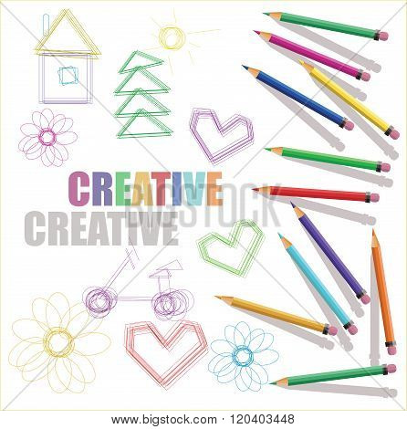 vector Color pencils with kids drawings and text creative